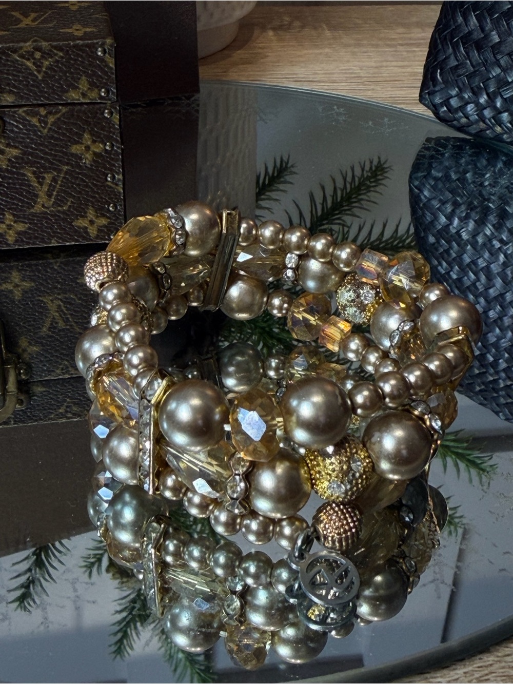 1950s Crystal Prong Rhinestone Disco Ball Faux Pearl Vintage Stretch Bracelet